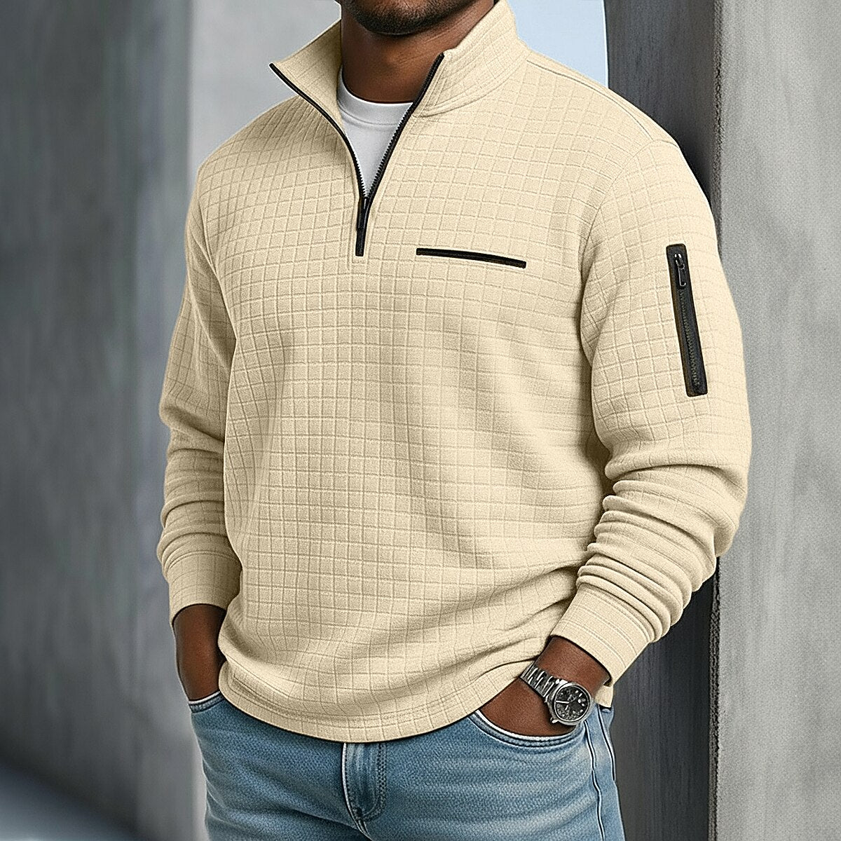 Polo Shirt Quarter-Zip Waffle Knit Long Sleeve