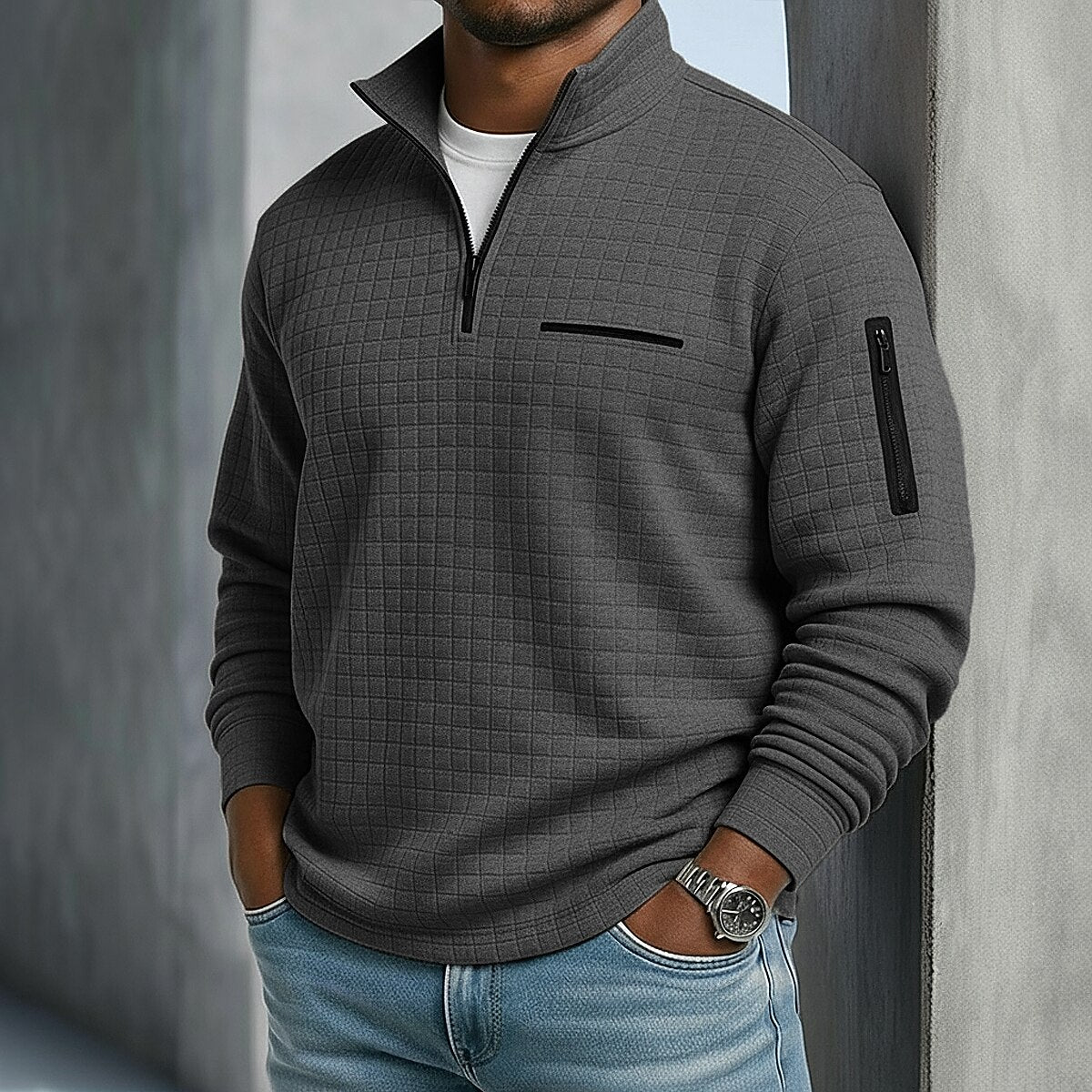 Polo Shirt Quarter-Zip Waffle Knit Long Sleeve