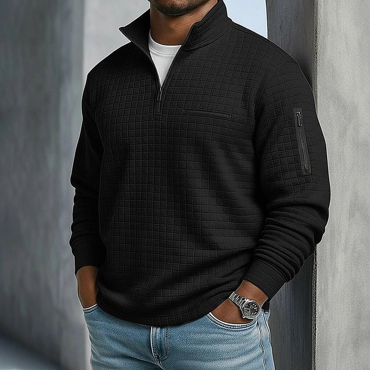 Polo Shirt Quarter-Zip Waffle Knit Long Sleeve
