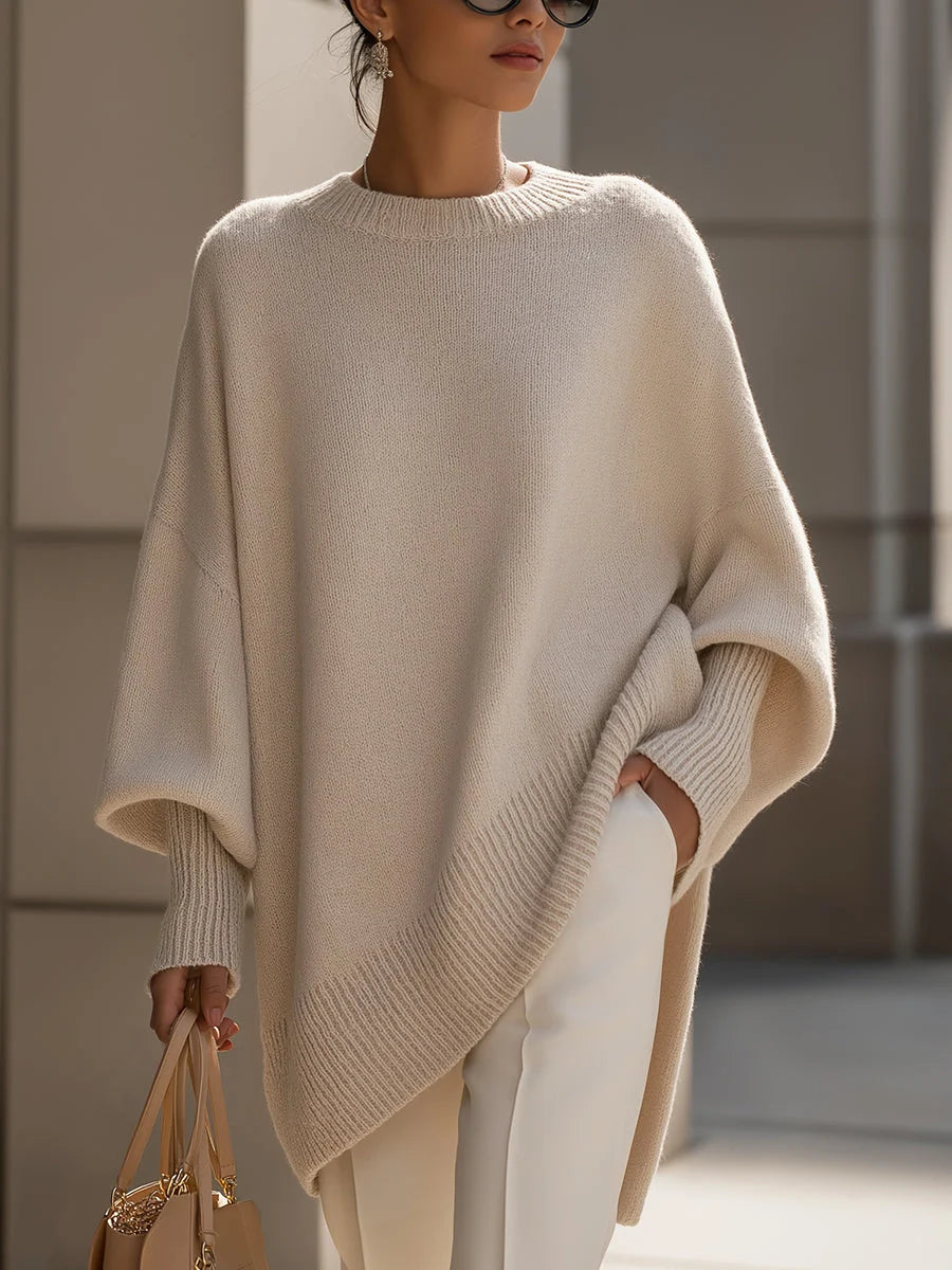 Poncho Sweater Oversized Fit Asymmetric Hem Batwing Sleeves