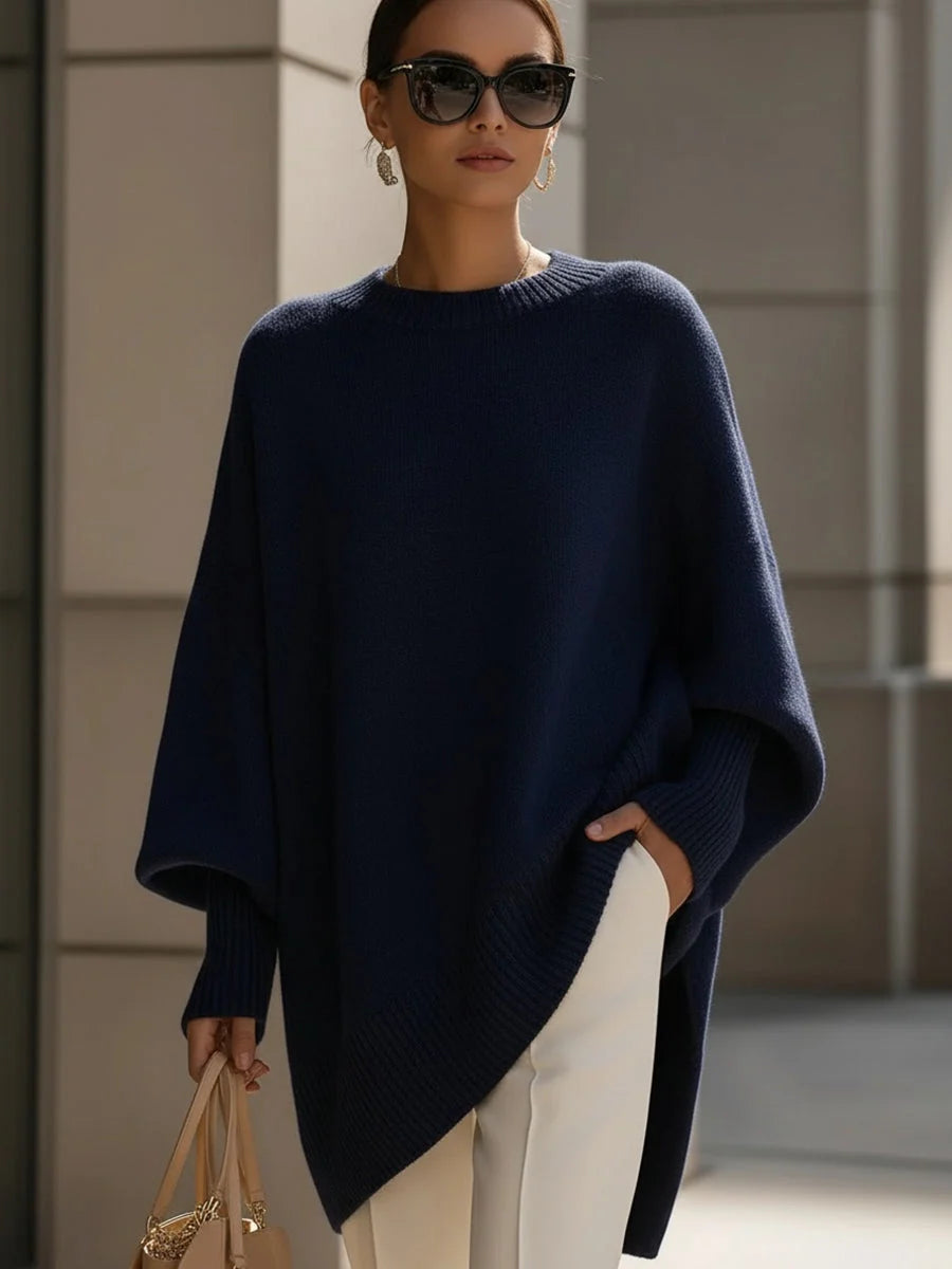 Poncho Sweater Oversized Fit Asymmetric Hem Batwing Sleeves