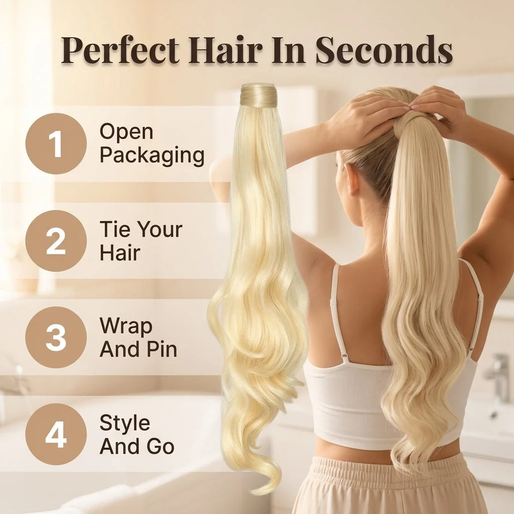 Ponytail Extension Instant Volume Seamless Wrap Clip & Pins