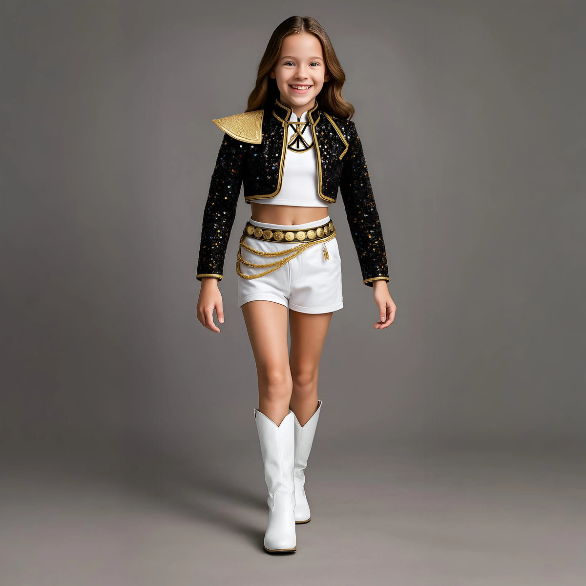 Pop Star Costume Sequin Cropped Jacket Set Gold Chains