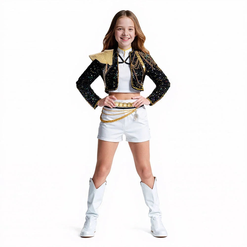 Pop Star Costume Sequin Cropped Jacket Set Gold Chains