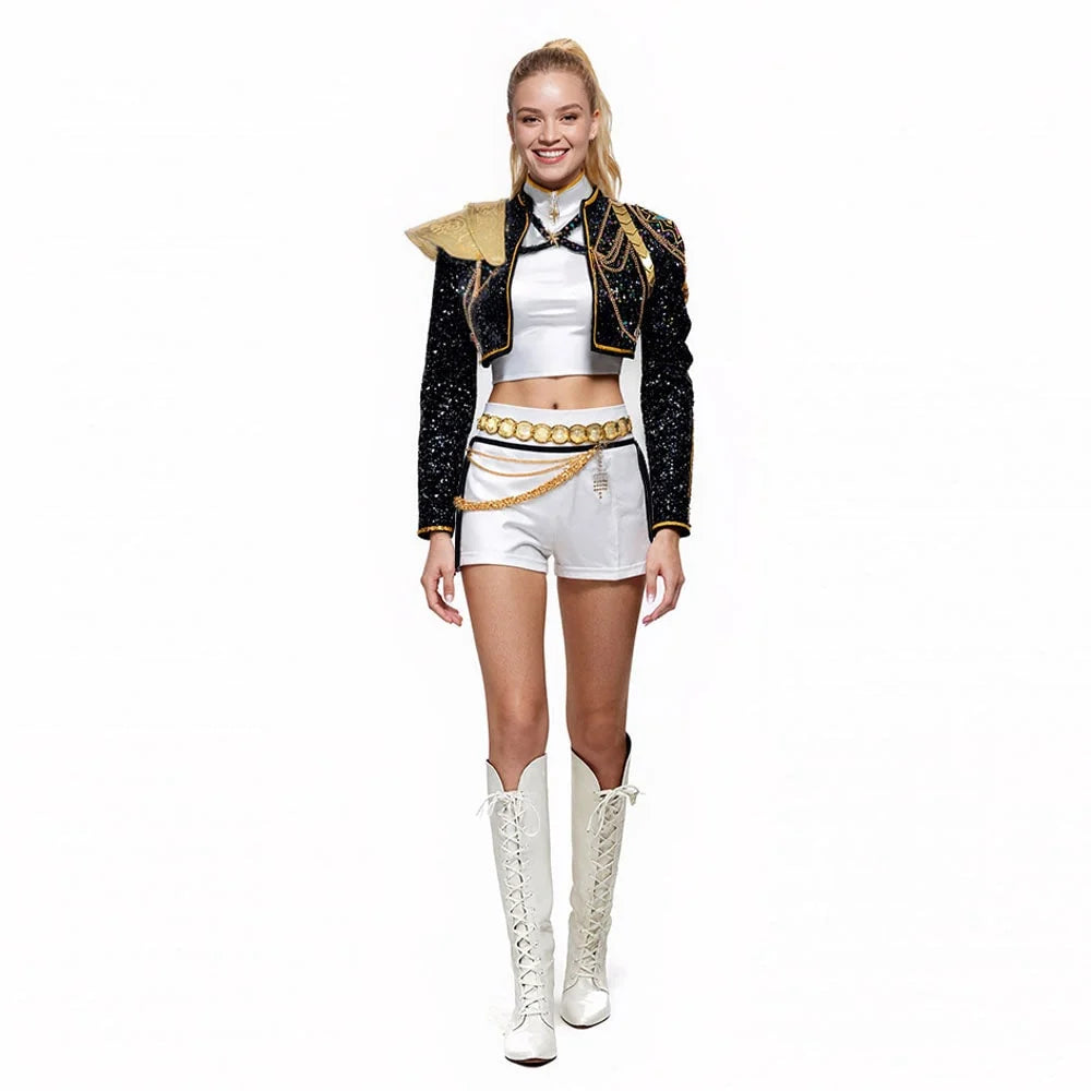 Pop Star Costume Sequin Cropped Jacket Set Gold Chains
