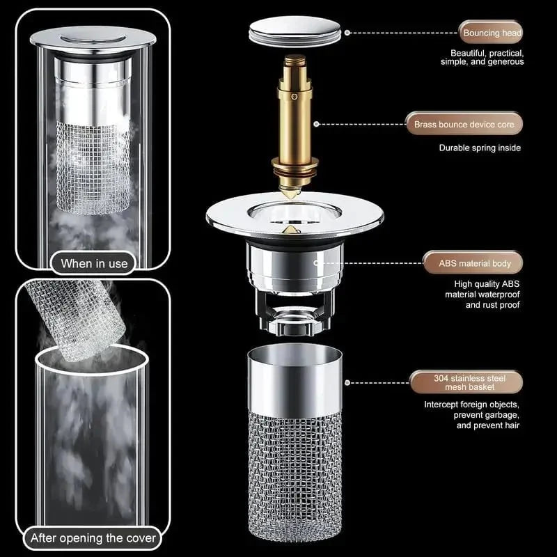 Pop-Up Drain Stopper Push-Button & Hair Filter Solid Brass
