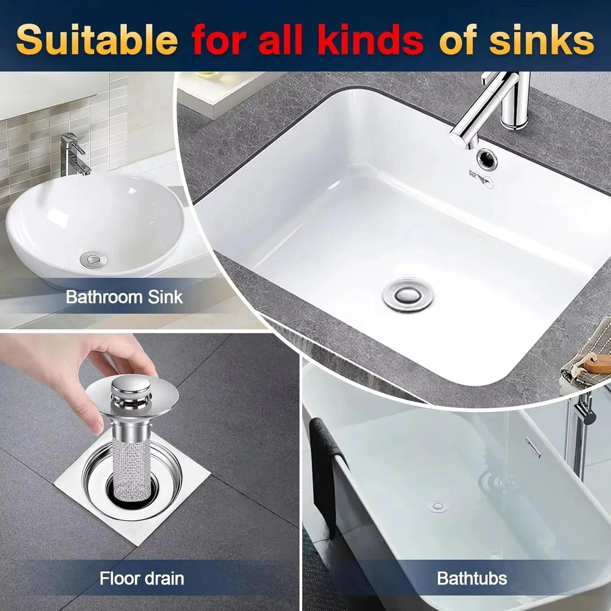 Pop-Up Sink Drain Stopper Hair-Catching & Removable Strainer