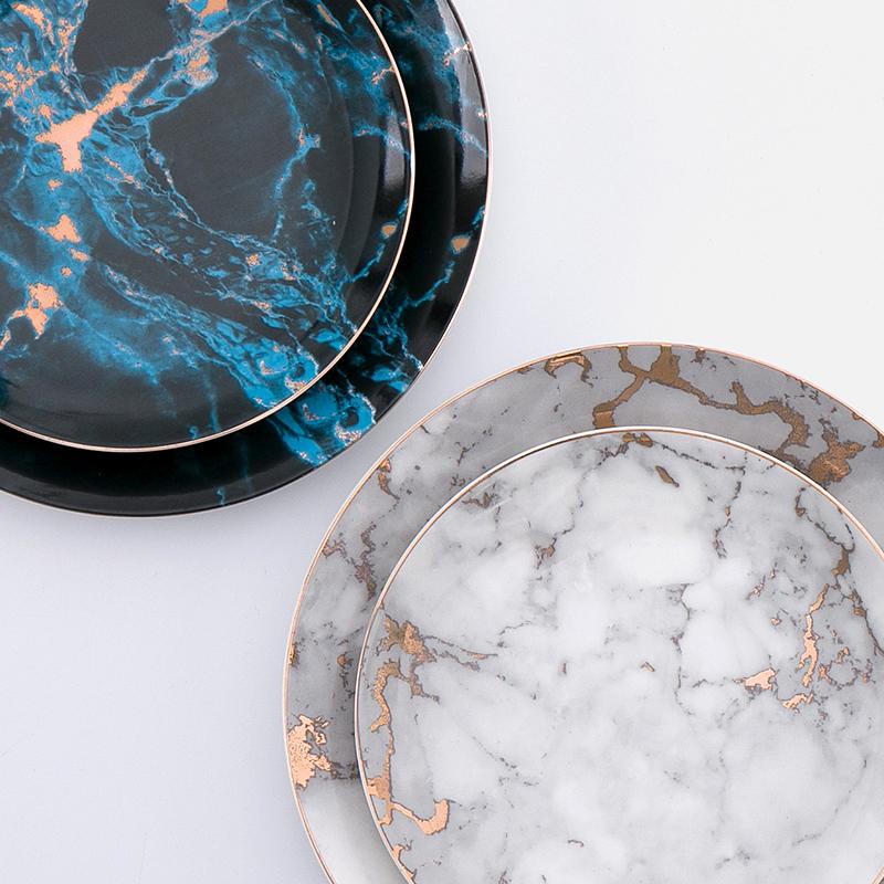 Porcelain Dinner Plates Marble Pattern & Gold Rim
