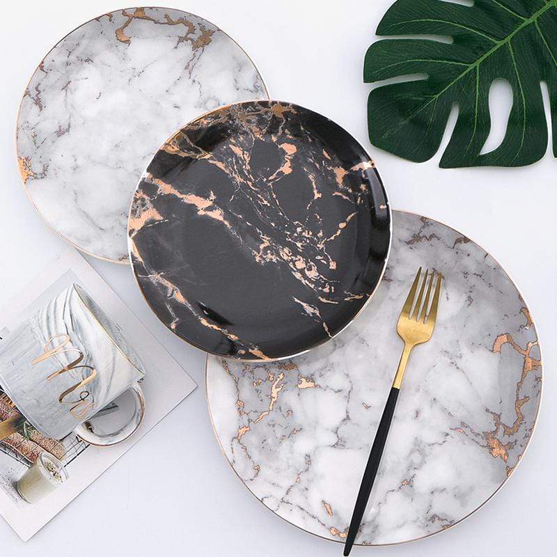 Porcelain Dinner Plates Marble Pattern & Gold Rim
