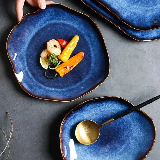Porcelain Dinnerware Set Handmade Blue Gradient & Gold Rim
