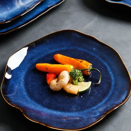 Porcelain Dinnerware Set Handmade Blue Gradient & Gold Rim