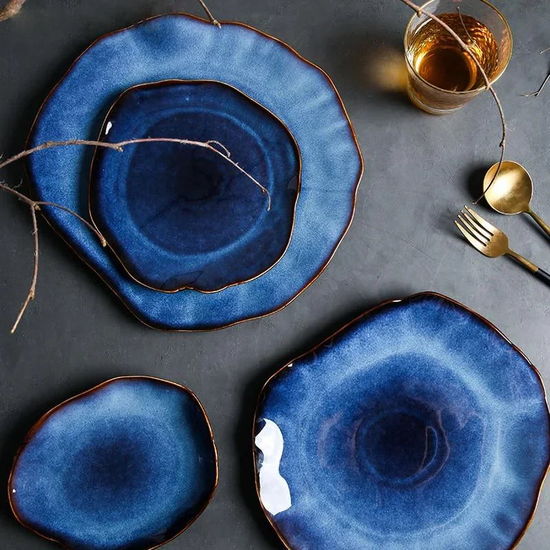 Porcelain Dinnerware Set Handmade Blue Gradient & Gold Rim