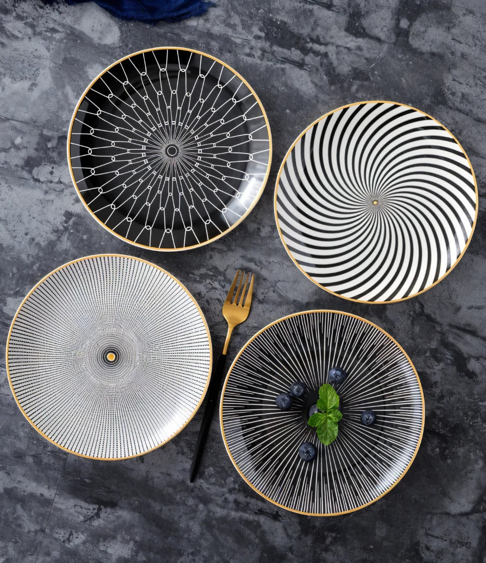 Porcelain Plates Geometric Gold Rim Set Of 6