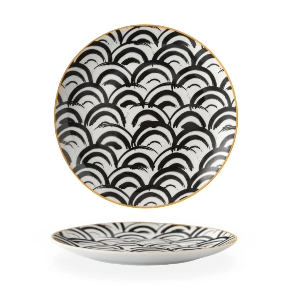 Porcelain Plates Geometric Gold Rim Set Of 6