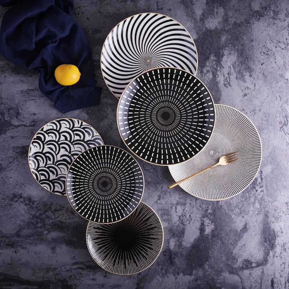 Porcelain Plates Geometric Gold Rim Set Of 6