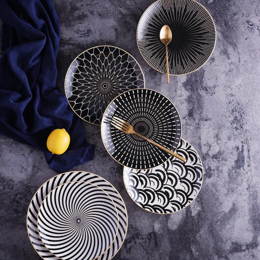 Porcelain Plates Geometric Gold Rim Set Of 6
