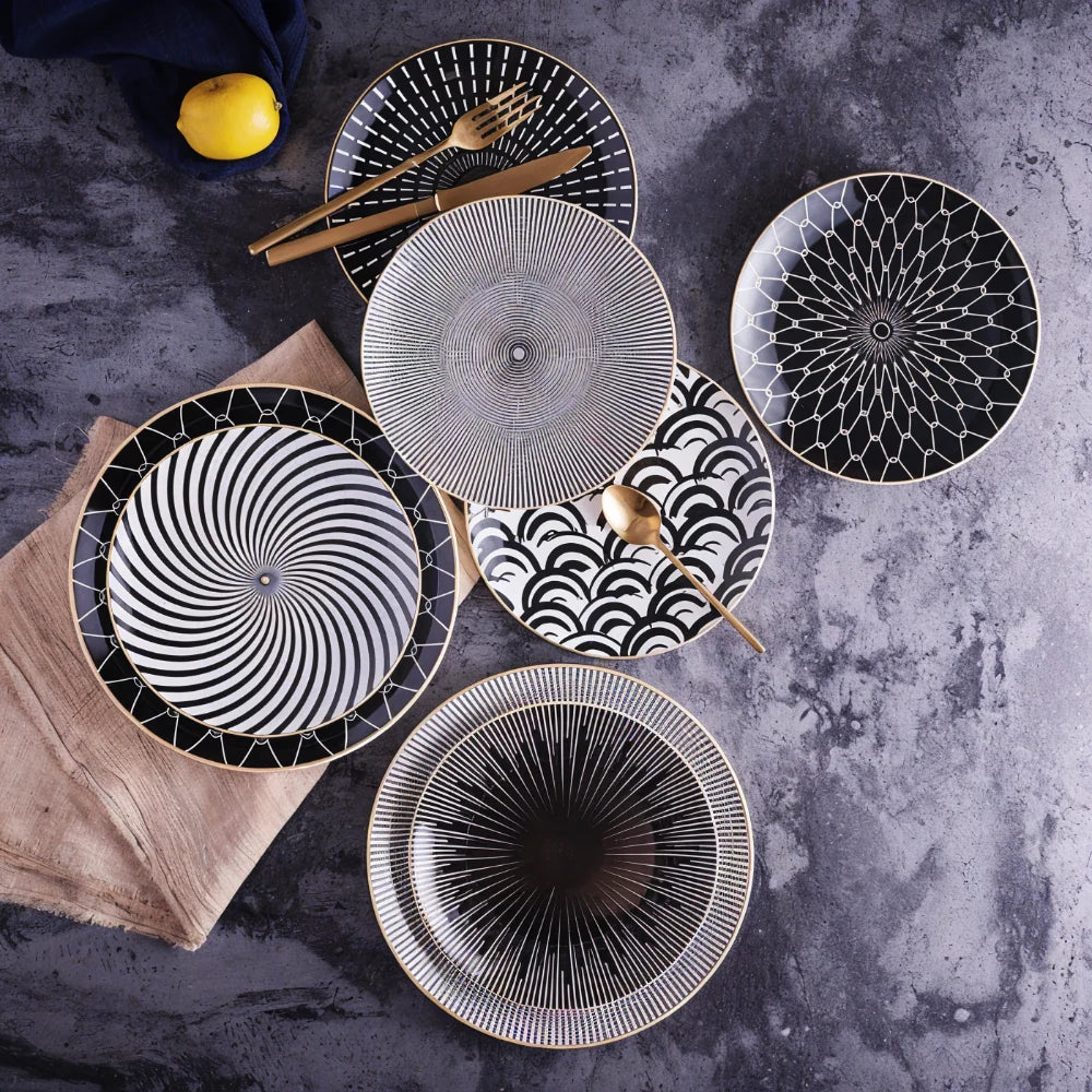 Porcelain Plates Geometric Gold Rim Set Of 6