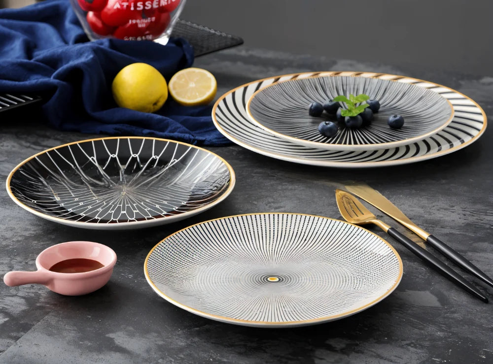 Porcelain Plates Geometric Gold Rim Set Of 6