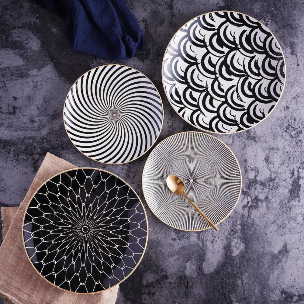Porcelain Plates Geometric Gold Rim Set Of 6