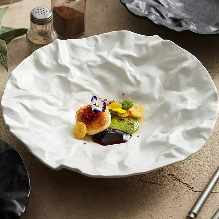 Porcelain Serving Bowl Handcrafted Wave Texture Dishwasher Safe