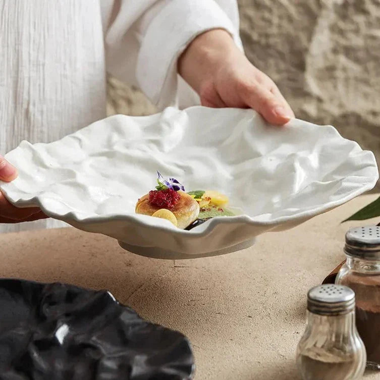 Porcelain Serving Bowl Handcrafted Wave Texture Dishwasher Safe