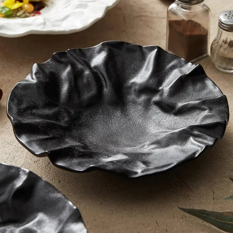 Porcelain Serving Bowl Handcrafted Wave Texture Dishwasher Safe