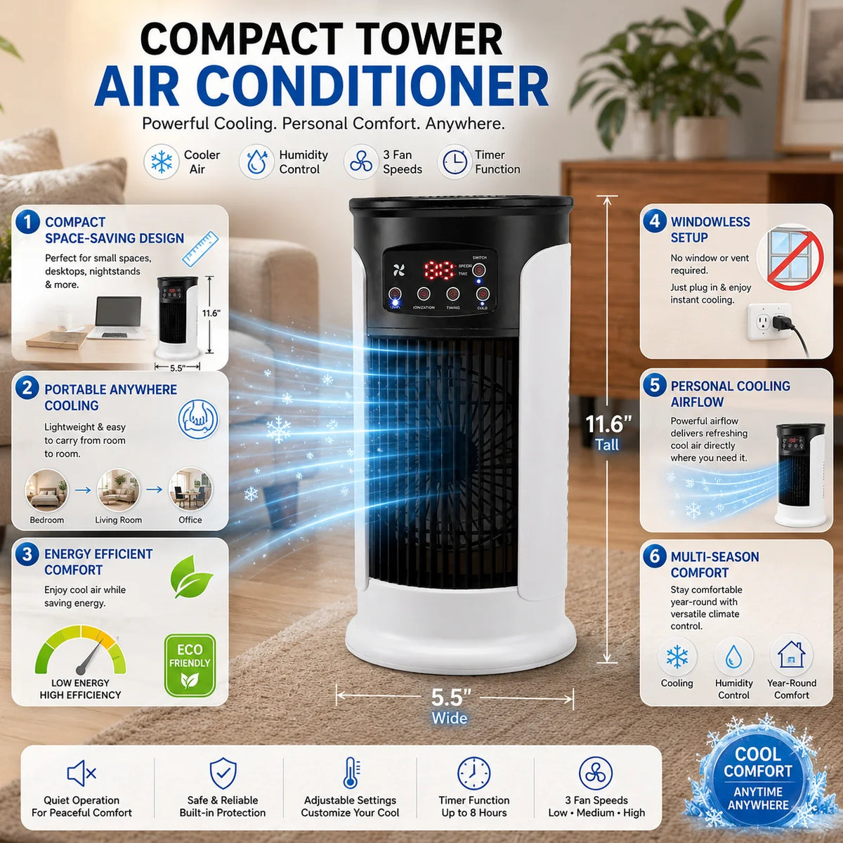Portable Air Conditioner Windowless Cooling & Dehumidifying Energy-Efficient