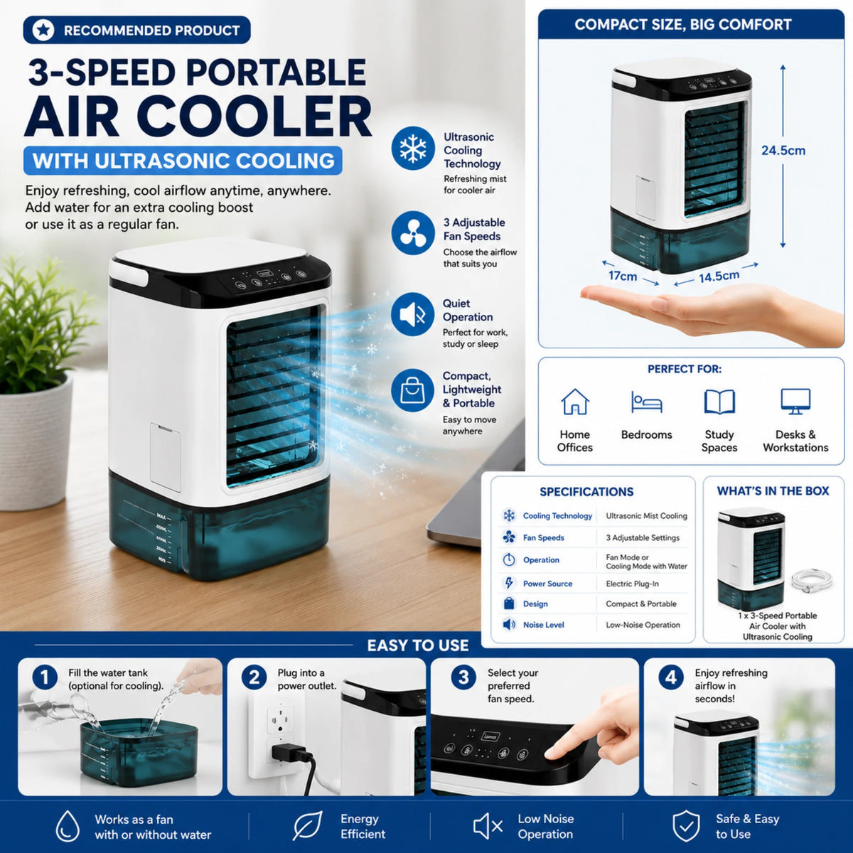 Portable Air Cooler Ultrasonic Quiet Compact