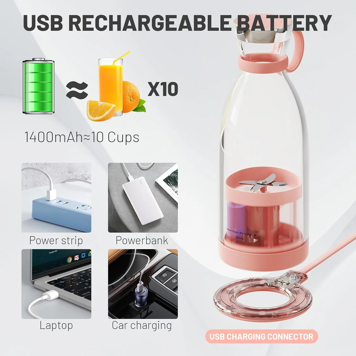 Portable Blender Rechargeable Stainless Steel Blades 350ml