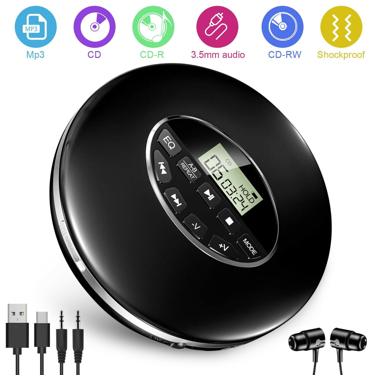Portable CD Player Anti-Skip LCD Headphone Jack