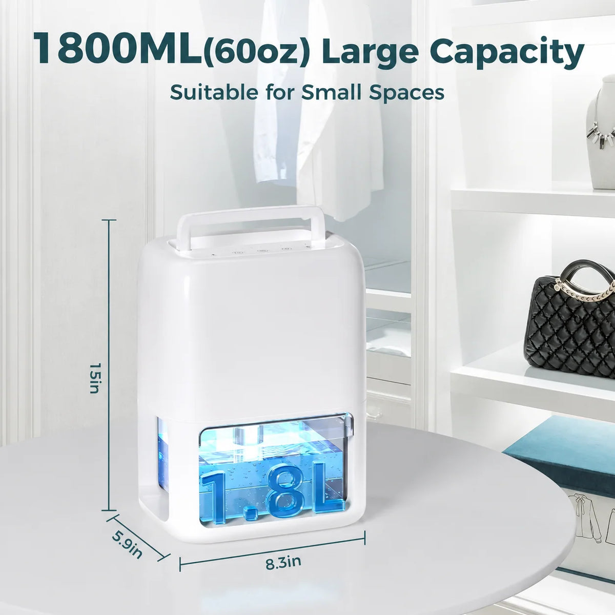Portable Dehumidifier Compact & Quiet 1.77 L Tank