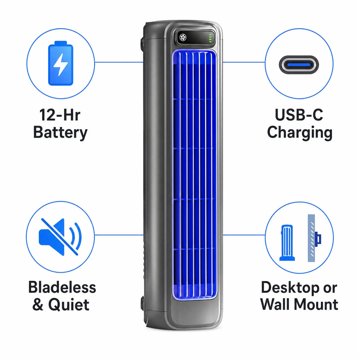 Portable Fan Bladeless Quiet Rechargeable 12-Hour Runtime