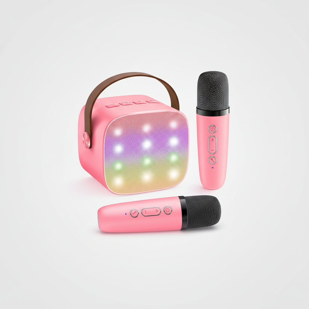 Portable Karaoke Machine Bluetooth Two Wireless Mics LED Lights