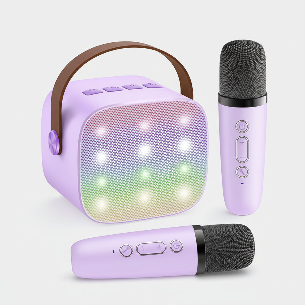 Portable Karaoke Machine Bluetooth Two Wireless Mics LED Lights
