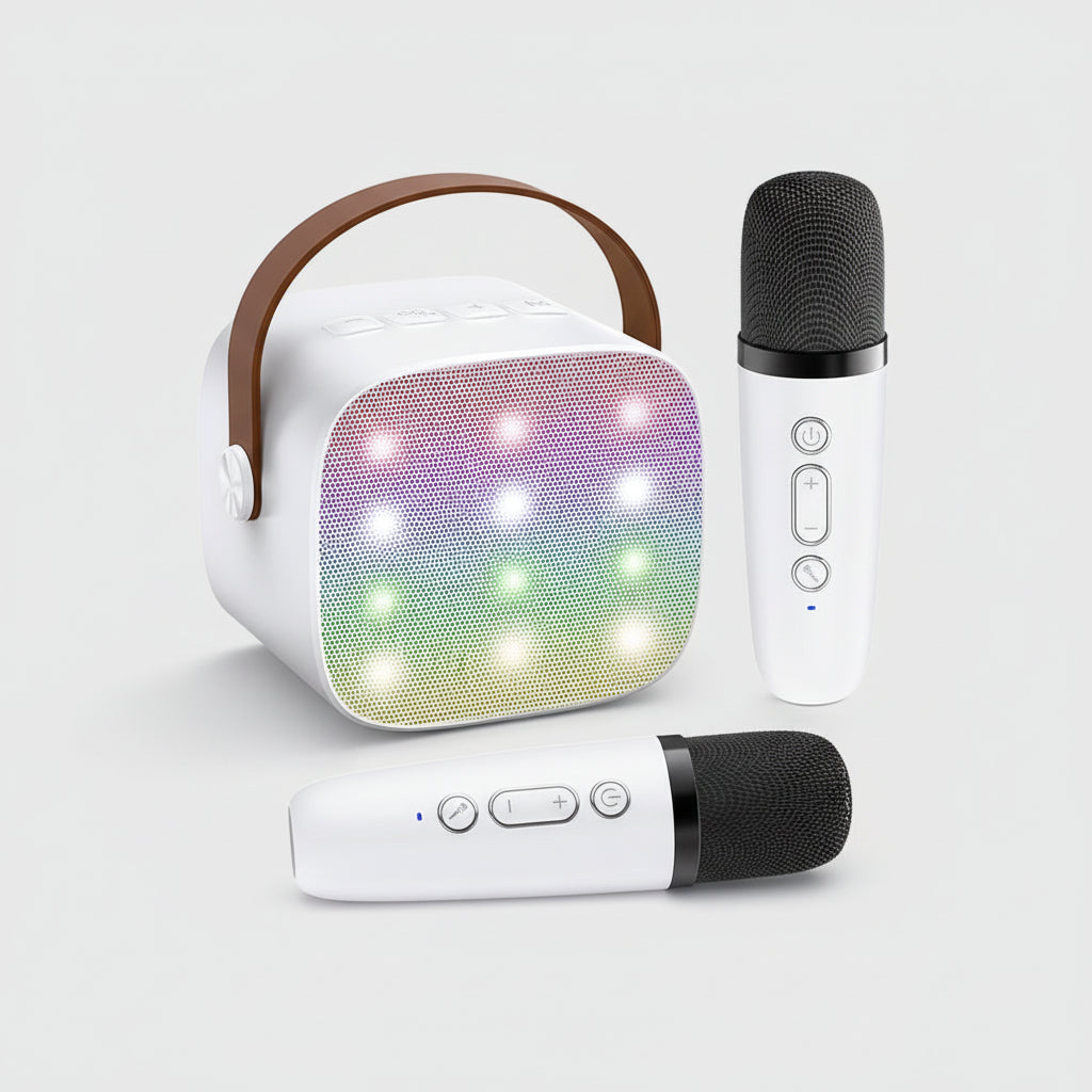 Portable Karaoke Machine Bluetooth Two Wireless Mics LED Lights