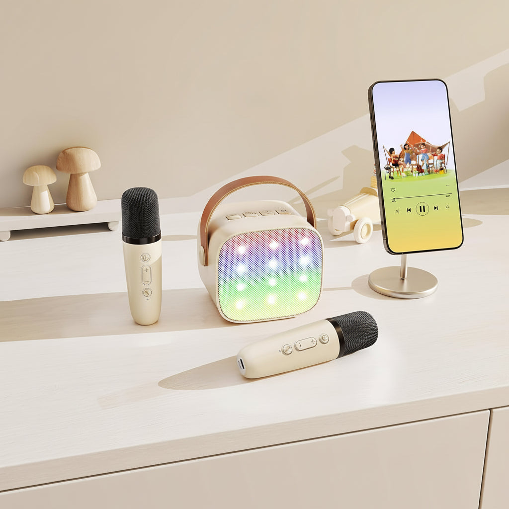 Portable Karaoke Machine Bluetooth Two Wireless Mics LED Lights