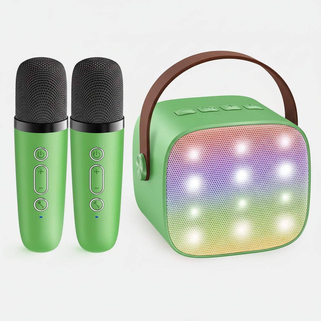 Portable Karaoke Machine Bluetooth Two Wireless Mics LED Lights