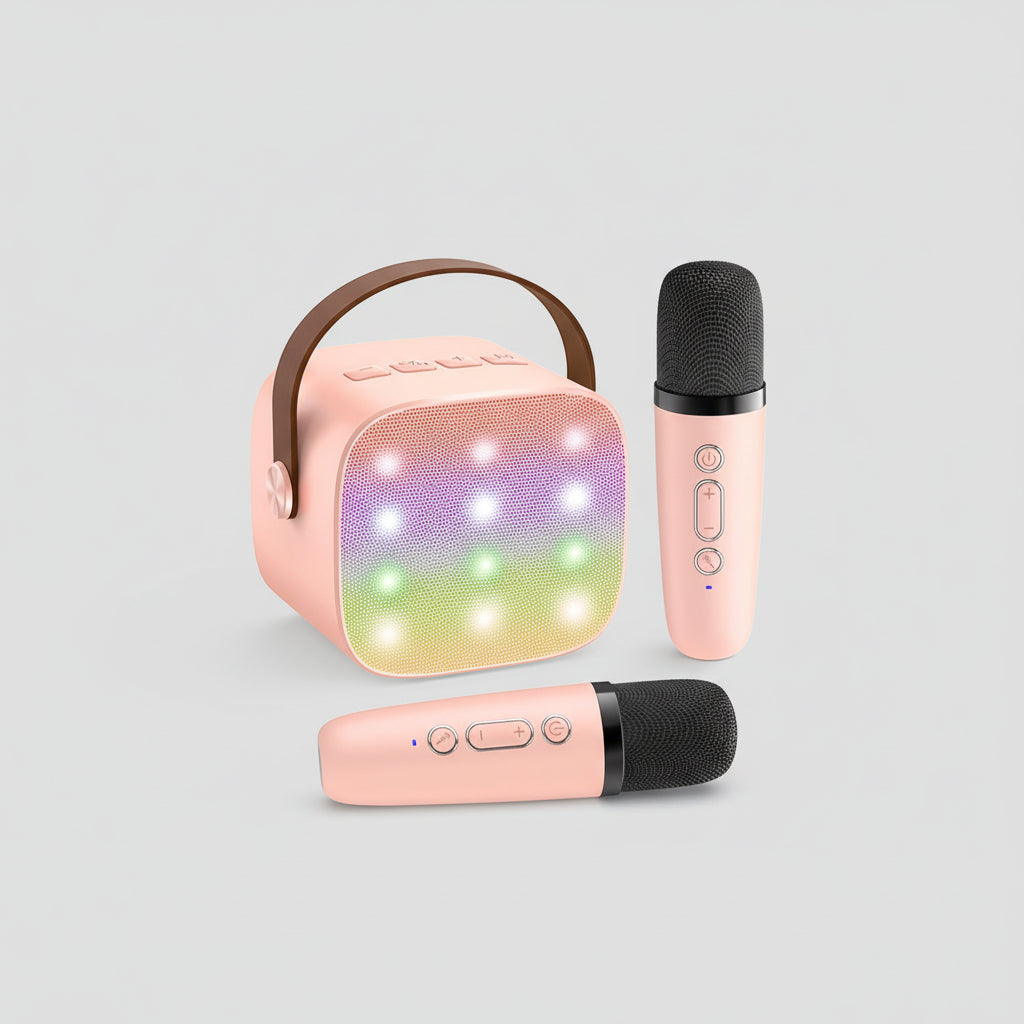 Portable Karaoke Machine Bluetooth Two Wireless Mics LED Lights
