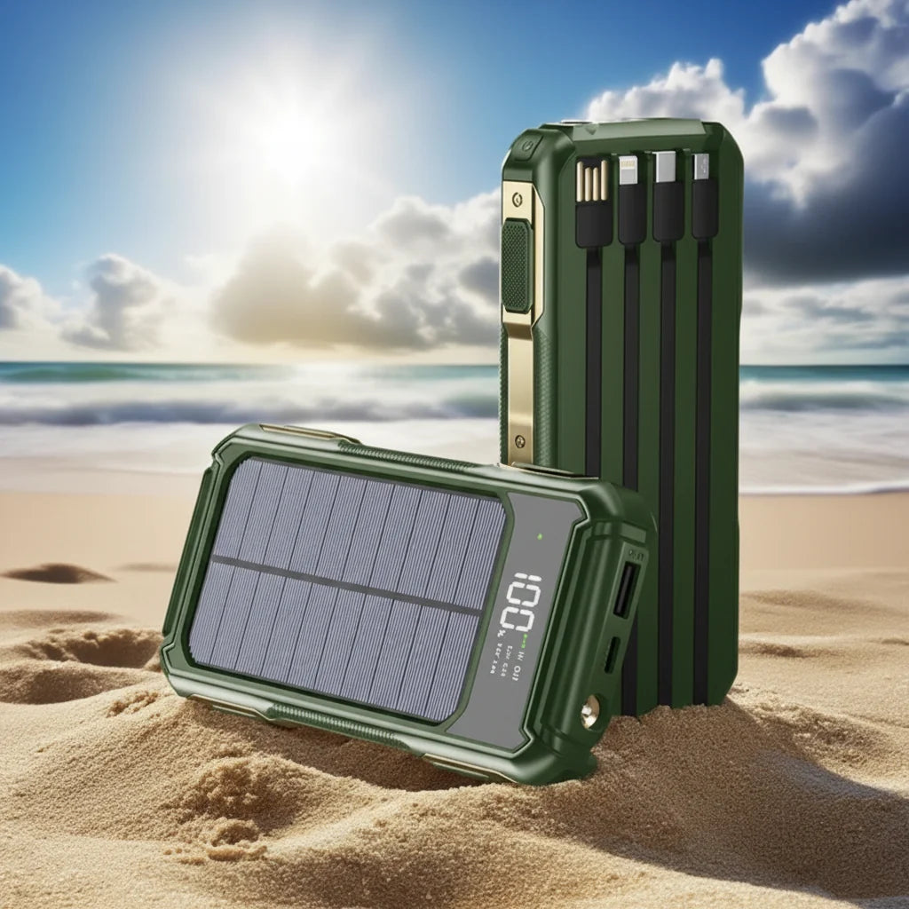 Portable Power Bank Solar Recharge Built-In Cables