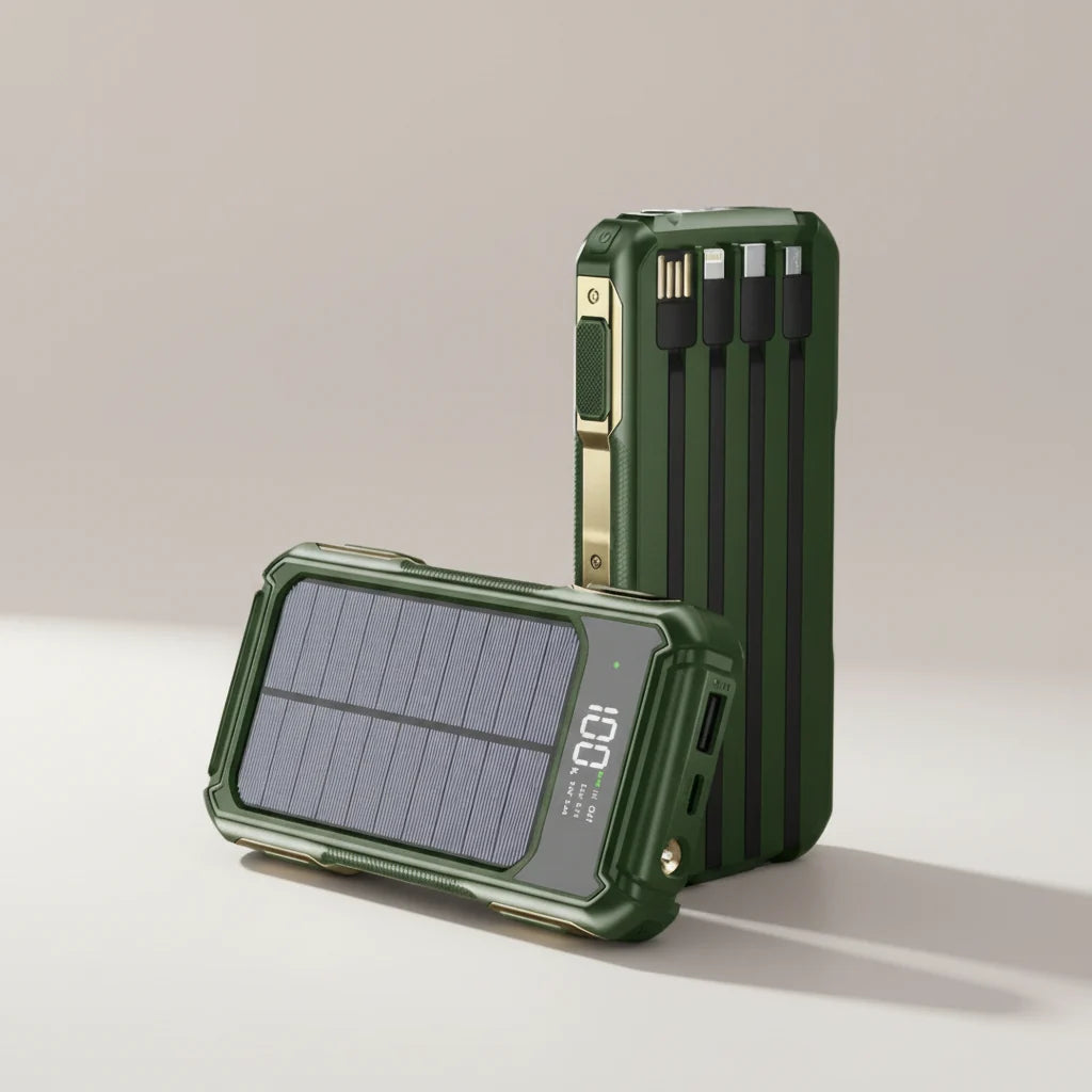 Portable Power Bank Solar Recharge Built-In Cables