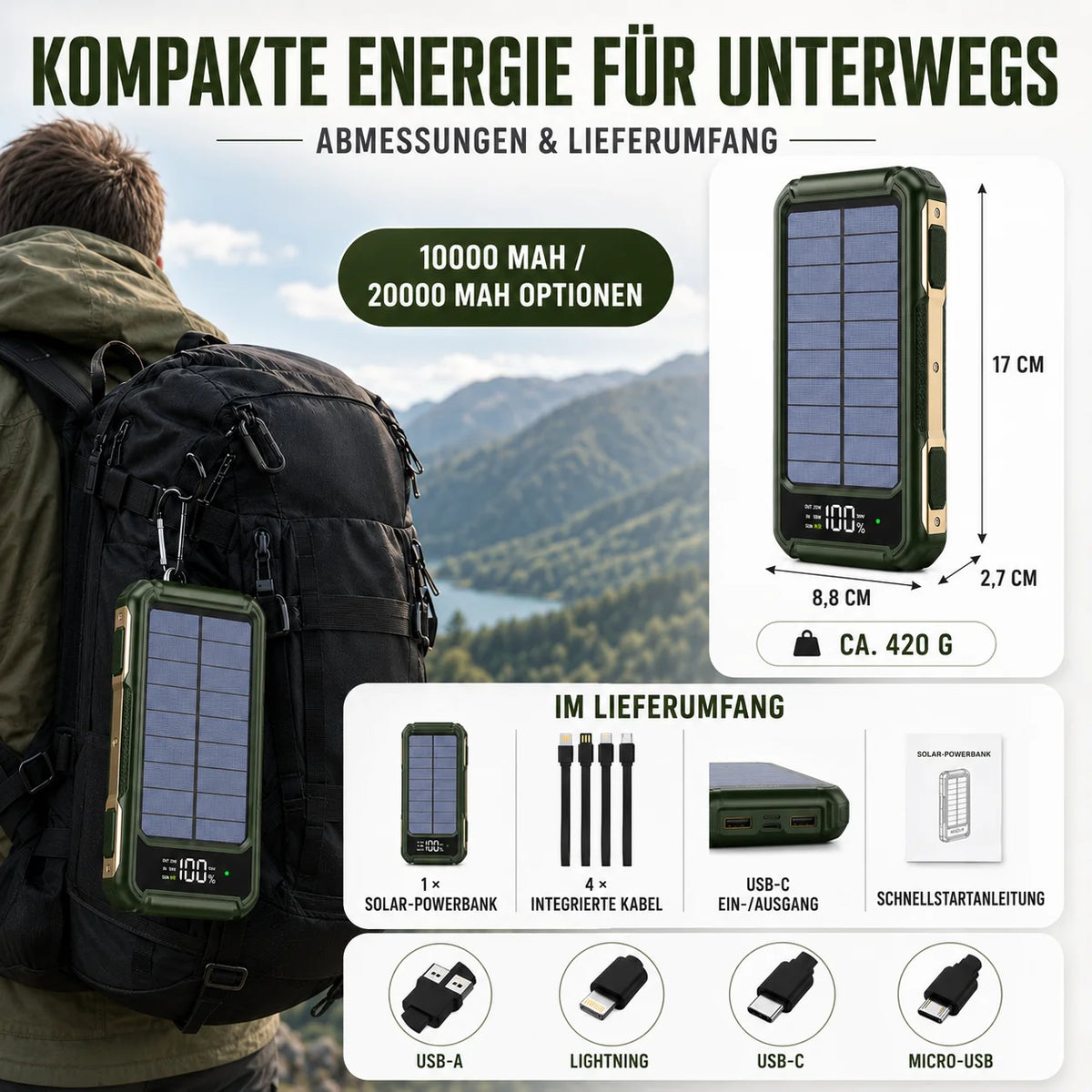 Portable Power Bank Solar Recharge Built-In Cables