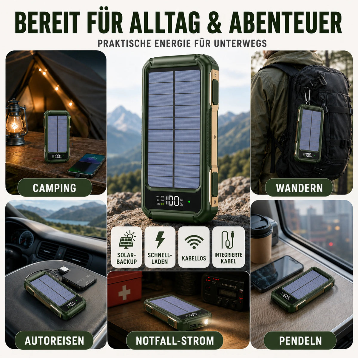 Portable Power Bank Solar Recharge Built-In Cables