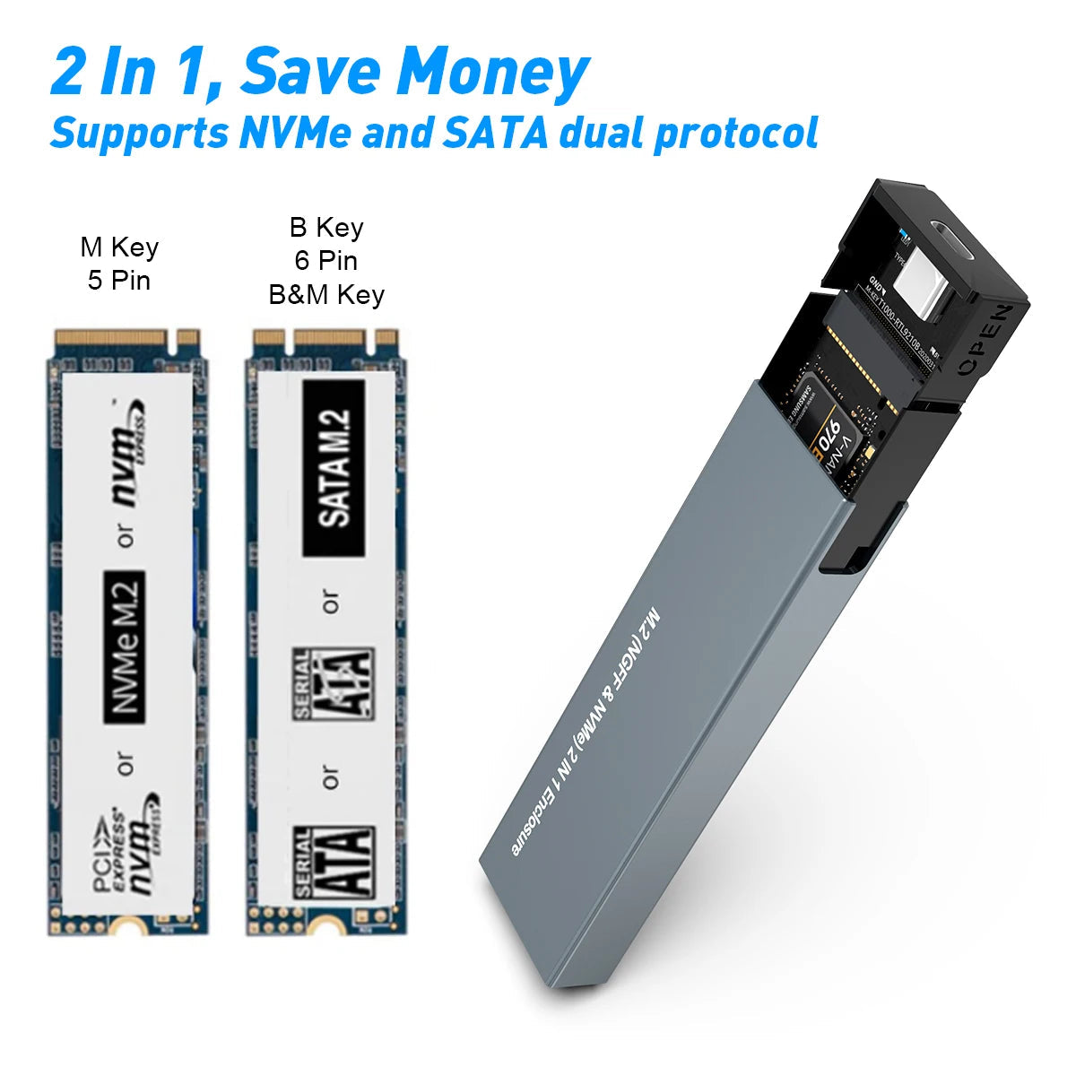 Portable SSD Enclosure USB-C 10Gbps NVMe & SATA