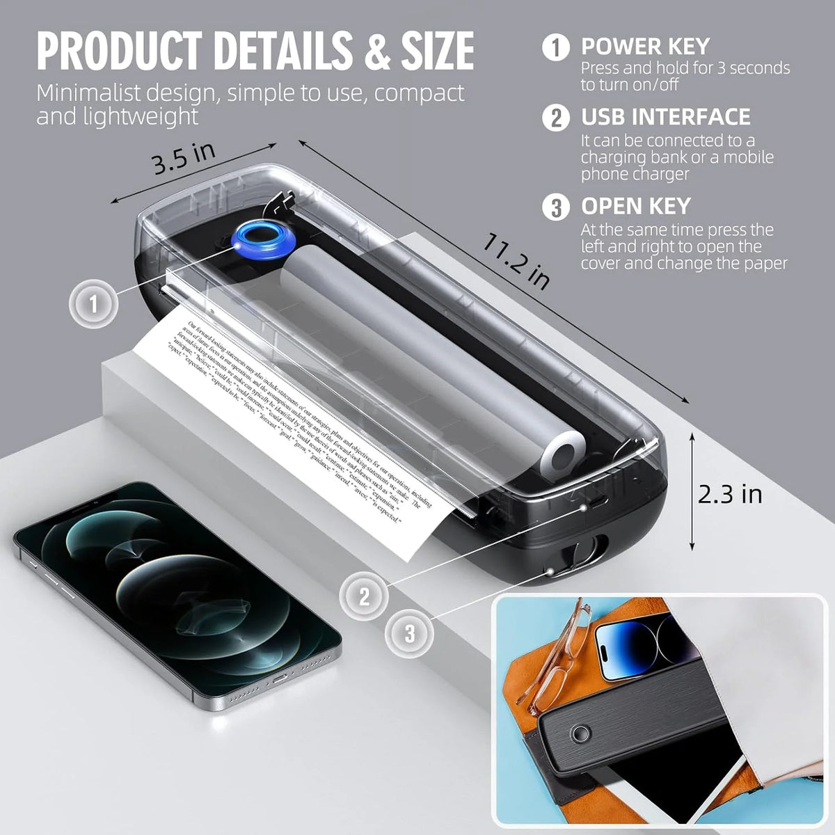 Portable Thermal Printer Battery-Powered Wireless Cartridge-Free