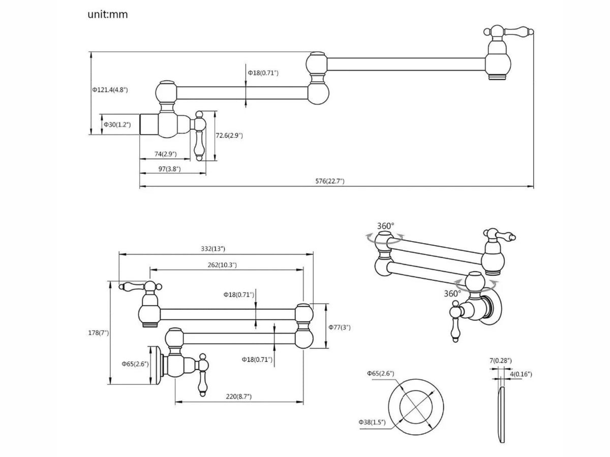 Pot Filler Wall-Mounted Brass Double-Handle