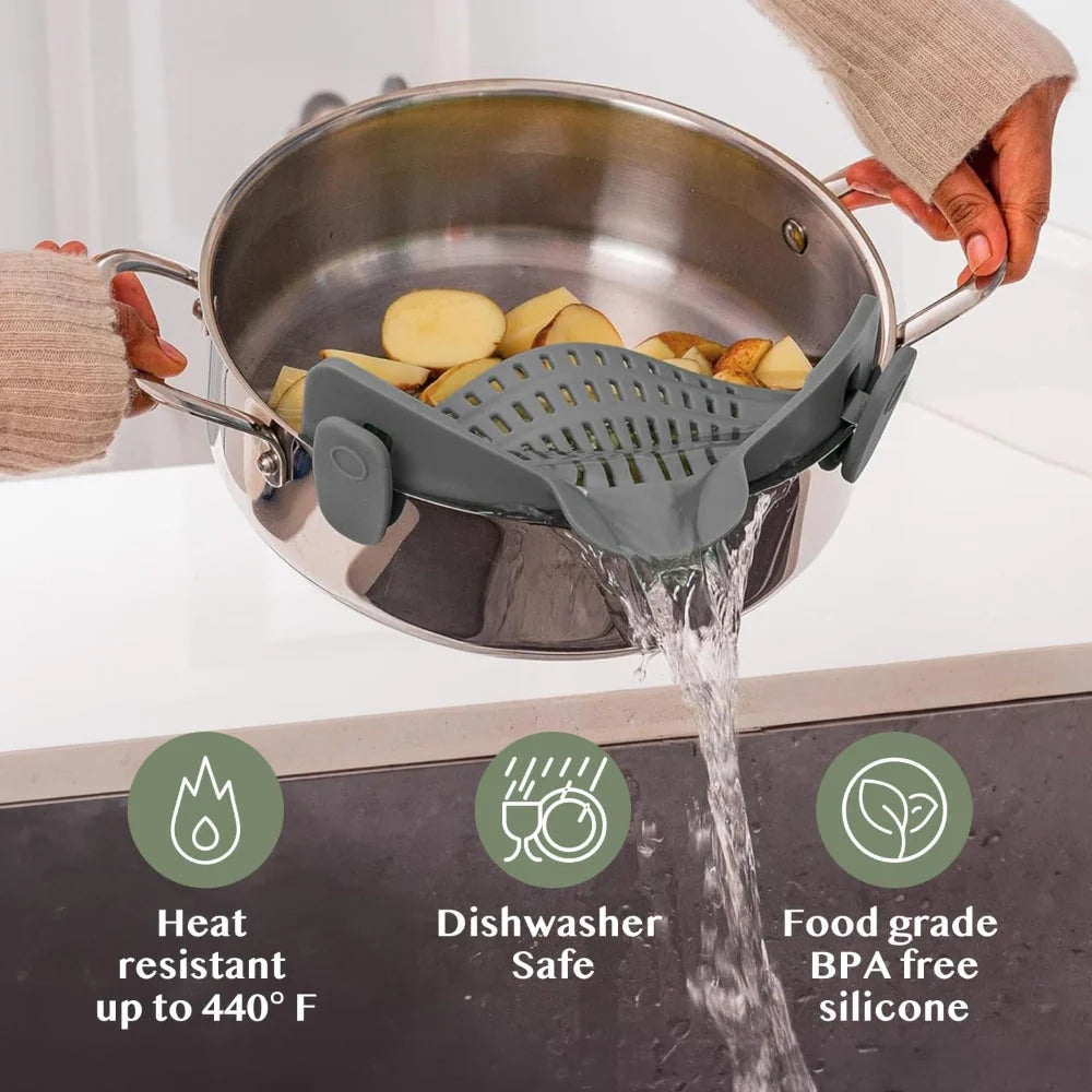 Pot Strainer Clip-On Silicone Rated 440°F Dishwasher Safe