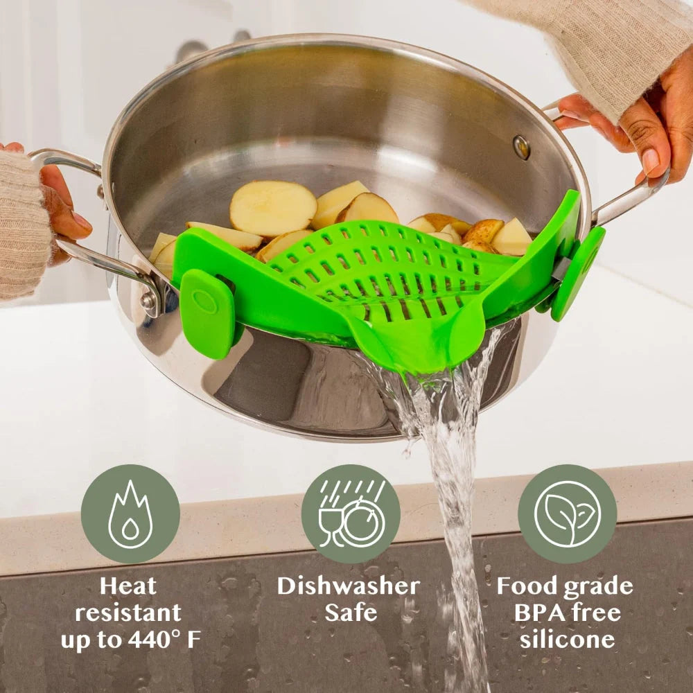 Pot Strainer Clip-On Silicone Rated 440°F Dishwasher Safe