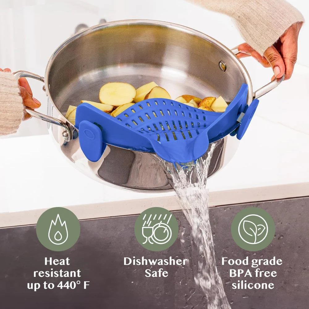 Pot Strainer Clip-On Silicone Rated 440°F Dishwasher Safe