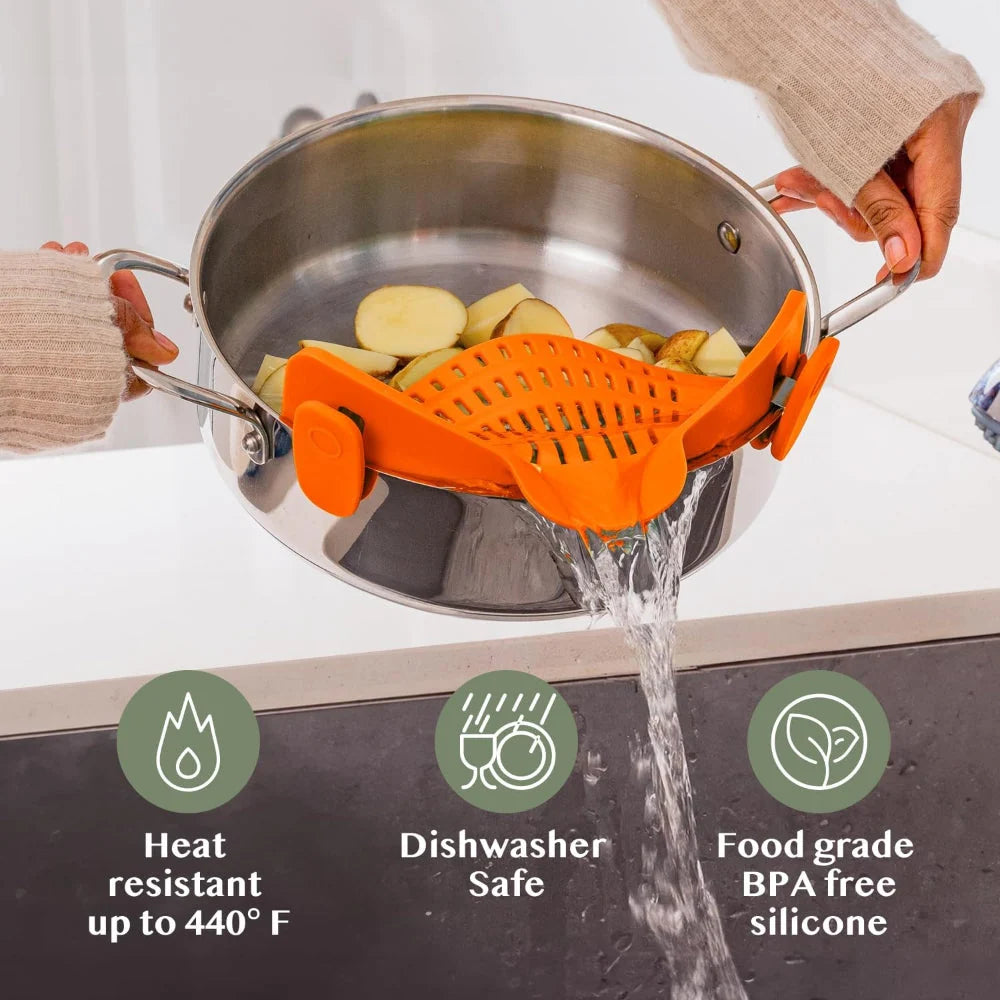 Pot Strainer Clip-On Silicone Rated 440°F Dishwasher Safe