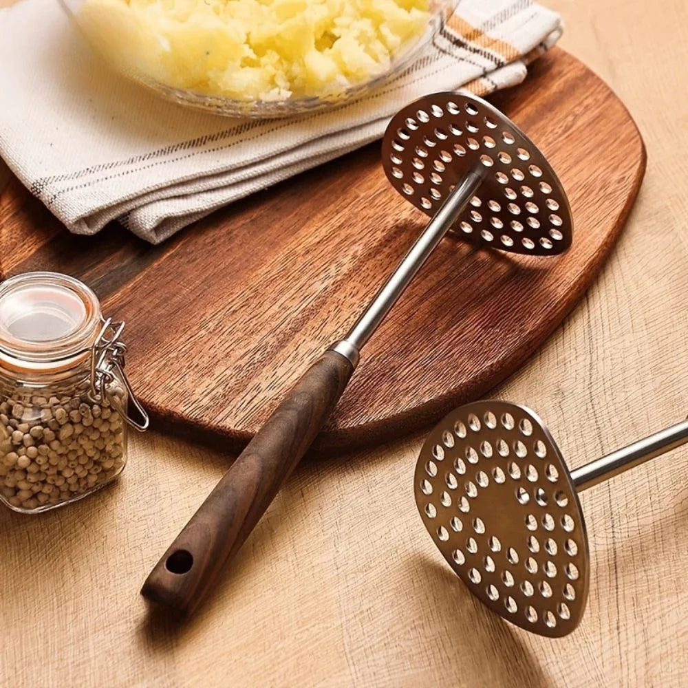 Potato Masher Stainless Steel Perforated Plate Ergonomic Wood Handle